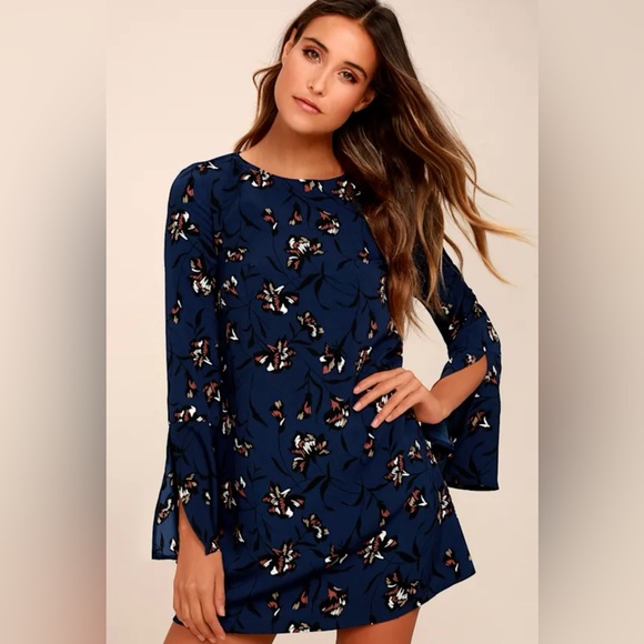 NWT Lulus Pleasant Valley Navy Blue Floral Print Long Sleeve Shift Dress Large - Picture 2 of 9